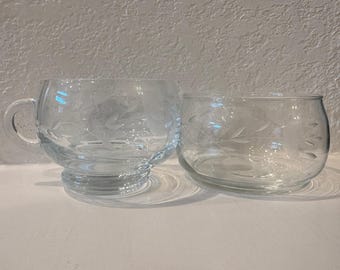 Vintage Etched Floral Clear Glass Creamer and Sugar Bowl Set