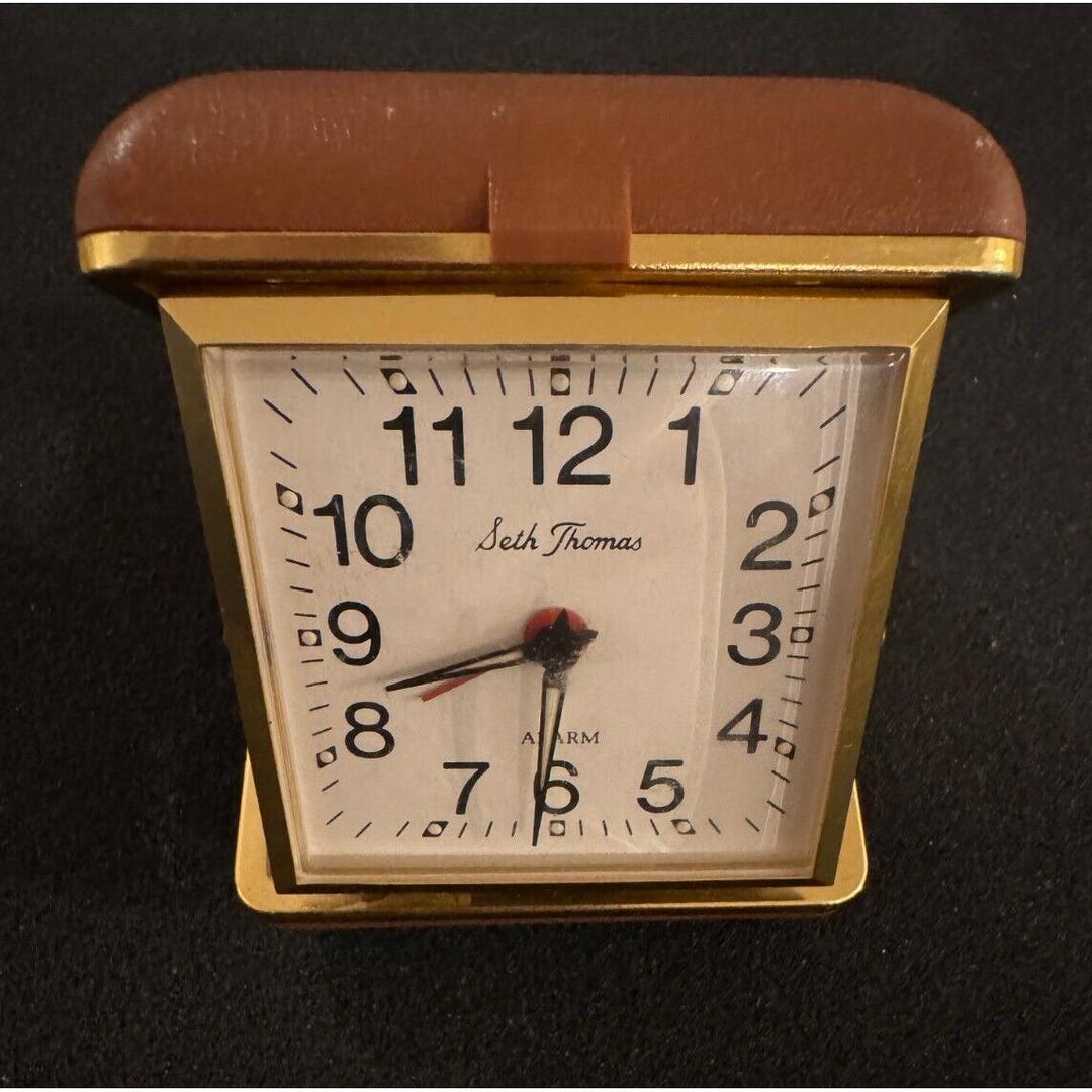Vintage Seth Thomas Travel Alarm Clock Tan Clam Shell Case Brass Windup ...