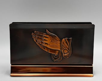 Vintage Copper Tone Praying Hands Metal Napkin letter Holder Religious Table