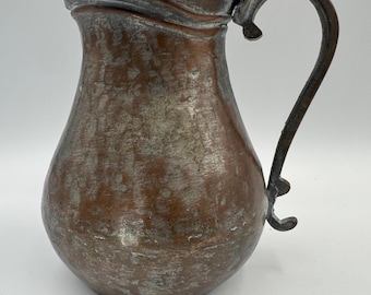 Vintage Syrian Hand Hammered Copper Pitcher Tin Lined Handle Middle East