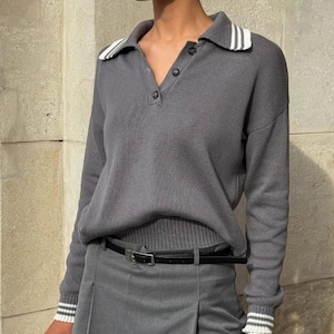 Knitted Polo Sweater, Long Sleeve Button Top, Soft Minimalist Knitwear, Women’s Grey Polo, Cozy Elegant Pullover XS-S S-M