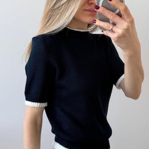Handknitted Half Wool Knit Woman Top, Autumn Sweater, Knitted T-Shirt, Cozy Garment, Knitwear Shirt