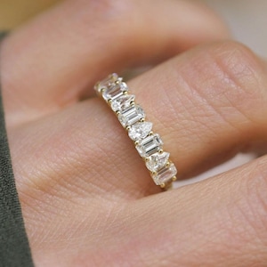 1.5 CTW Emerald Cut & Pear Cut Lab Grown Dimond Wedding Ring | 14K Gold Solid Gold Eternity Band | Luxury Stacking Band