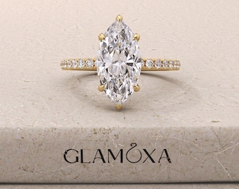 Verlobungsring mit im Labor gezüchtetem Diamanten im Marquise-Schliff, 14-karätige Gelbgold-Pavé-Fassung, IGI-zertifizierter Marquise-Diamantring für Damen, handgefertigtes Geschenk