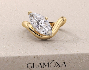 Marquise Cut Lab gewachsener Diamant Verlobungsring als Brautgeschenk, CVD Diamant Solitärring als Hochzeitsgeschenk, gebogener Bandring aus 14K Massivgold