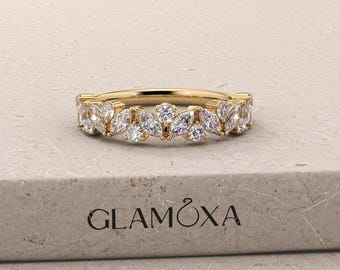 Marquise and Round Cut Lab Grown Diamond Band, Half Eternity Band for Her, Matching/Stackable ring