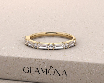 Baguette and Round Diamond Half Eternity Band, Dainty Wedding Ring, Stacking Diamond Ring, Minimalist Design Real Genuine Lab Diamond Ring