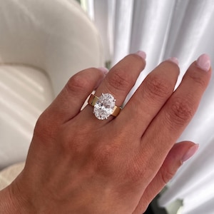Wide Band Oval Engagement Ring, 2 to 4 Carat Lab Grown Diamond Solitaire, 14K Yellow Gold Thick Cigar Band Ring, Bold Modern Gift for Her