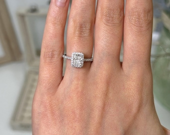 Radiant Lab Grown Diamond Halo Ring / Round Diamond Solitaire Accent Ring / Hand Made Diamond Engagement Ring / Anniversary Gift For Wife