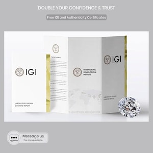 Op de afbeelding: Een briljant geslepen diamant naast IGI-certificaten. De certificaten zijn wit met het IGI-logo en tekst. De afbeelding bevat ook de tekst "DOUBLE YOUR CONFIDENCE & TRUST" en "Free IGI and Authenticity Certificates."