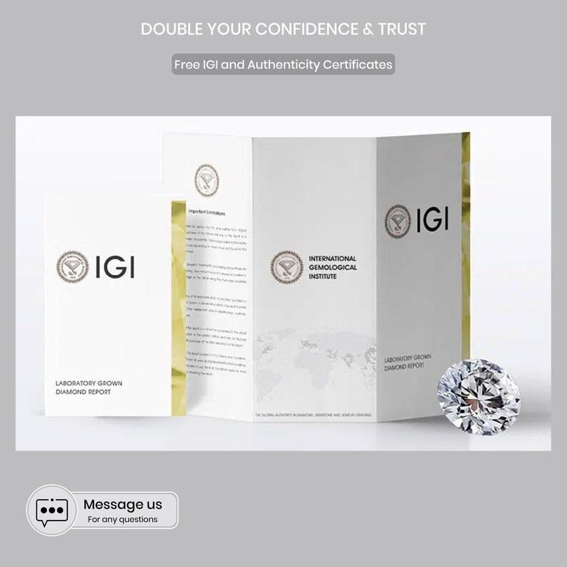 Op de afbeelding: Een briljant geslepen diamant naast IGI-certificaten. De certificaten zijn wit met het IGI-logo en tekst. De afbeelding bevat ook de tekst "DOUBLE YOUR CONFIDENCE & TRUST" en "Free IGI and Authenticity Certificates."
