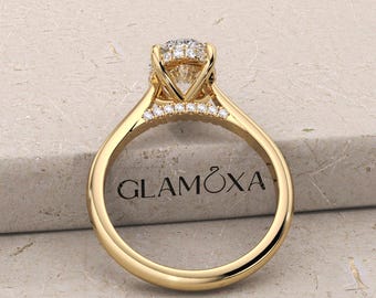 In lab gekweekte diamanten ring effenen brug, 2 CT ovaal geslepen ring, verborgen halo ring, ring kathedraal, 14K geelgouden trouwring