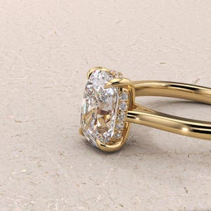 3 CT Elongated Cushion Lab Grown Diamond Ring: 14K Gold Cathedral Engagement Ring