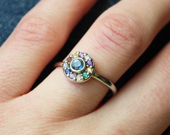 Interference colourful gemstone engagement ring in 14K white gold with coloured Sapphires, emerald, citrine and amethyst