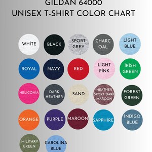 May include: A color chart for Gildan 64000 unisex t-shirts. The chart displays a variety of colors, including white, black, sport grey, charcoal, light blue, royal, navy, red, light pink, and Irish green. Additional colors are also shown.
