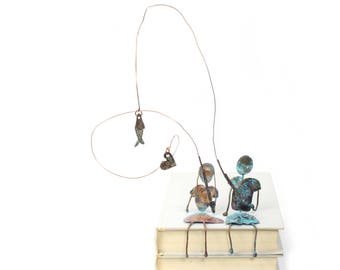 Couple Fishing Together Handmade Copper Sculpture Man And Woman Fish Heart Metal Sculpture Couples Gift Anniversary Gift - CUSTOM ORDER