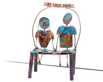 Copper People Sculpture - I Love You - Man and Woman Couple Sitting On A Bench Holding Hands Metal Figurine Fathers Day Gift - CUSTOM ORDER