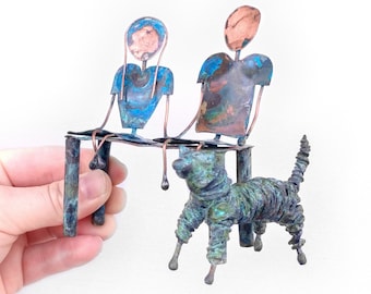 Two People And A Dog - Handmade Copper Sculpture With Patina All One Piece - Great Anniversary Gift 7th Year - Dog Lovers - CUSTOM ORDER