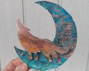 Wolf Moon Copper Sculpture Handmade Howling Wolf With Crescent Moon and Trees Metal Art Blue Patina Wall Handing - CUSTOM ORDER