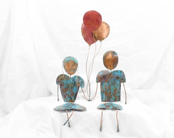 Couple Holding Hands and Balloons Sculpture Handmade Copper Metal Art Large Shelf Art 7th Anniversary Copper Gift Idea - CUSTOM ORDER
