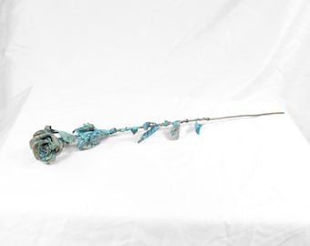 Handmade Copper Rose Sculpture, Long Stem Blue Patina Rose, 7th Anniversary Gift, Metal Rose Art, Custom Order