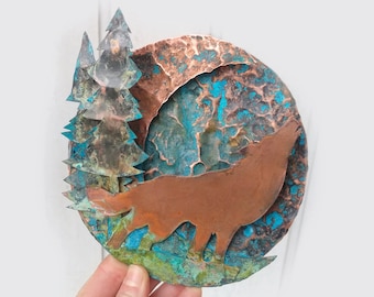 Wolf Moon Copper Sculpture Handmade Howling Wolf With Crescent Moon and Trees Metal Art Blue Patina Wall Handing - READY TO SHIP