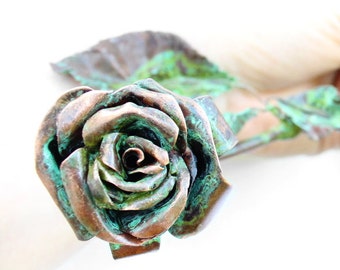 Rose Sculpture Handmade Out Of Copper 24 Inches Metal With Patina Flower Sculptures Long Stem Full Rose 7th Anniversary Gift - CUSTOM ORDER