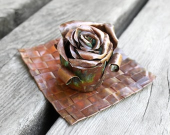 Copper Metal Sculpture Rose Bud Dish Jewelry Holder, Ash Tray, Incense Burner - Unique Wedding or Anniversary Gift Idea - READY TO SHIP