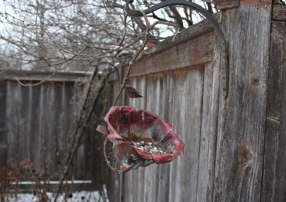 Copper Bird Feeder Rose Flower Design Handmade Metal Art Etsy