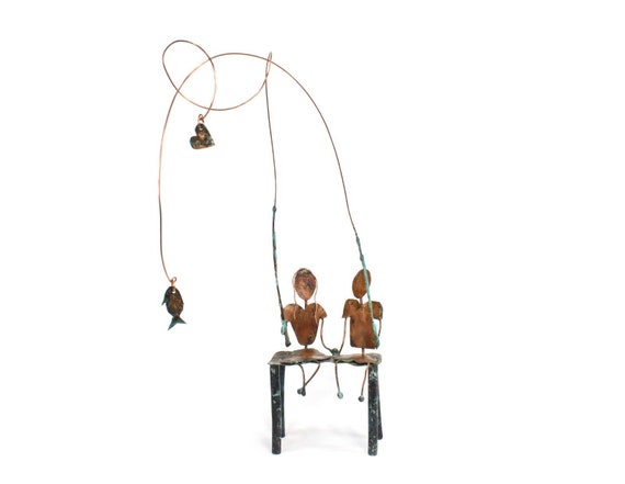 Fishing Sculpture, Copper Anniversary Gift, Metal Art Sculpture, Couple Fishing Together, Handmade Copper Gift - CUSTOM ORDER