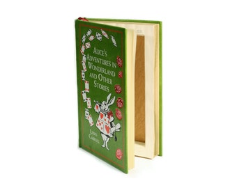 Green Alice in Wonderland Hollow Book Gift Box Secret Storage Booksafe Handmade Alice's Adventures Leatherbound Green Gold  - CUSTOM ORDER