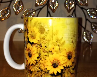 Sunflower 11oz White Ceramic Coffee Mug, Vintage Floral Design