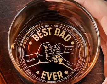 Best Dad Ever Haustier und Kinder Hand Punch - Personalisiertes Whiskyglas mit Gravur, Best Dad Whiskyglas, Vatertagsgeschenk 2025