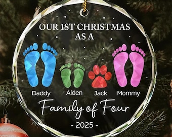 First Christmas As A Family Of Four Footprints, Personalized Circle Glass Ornament