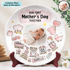 Może przedstawiać: Biały ceramiczny talerz z różowo-białym wzorem, celebrujący pierwszy Dzień Matki. Talerz przedstawia zdjęcie dziewczynki, różowy strój dla niemowląt, wózek dziecięcy, zegar, miarę krawiecką, wagę, smoczek, skarpetkę dla niemowląt, butelkę i kalendarz z datą 1 stycznia 2025 roku. Tekst "Nasz pierwszy Dzień Matki razem" jest napisany na talerzu różowym i białym kolorem. Talerz stoi na brązowym stojaku.