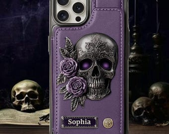 Skull And Roses - Personalized Skull Wallet Phone Case, PU Leather Phone Stand, Gothic Skeleton Phone Cover, Halloween Gift, Christmas Gift