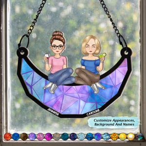 Cartoon Besties Freunde sitzen auf dem Mond Personalisierte Fenster hängen Suncatcher Ornament, Geschenk für Sistas, Schwester, BFF, Soul Sisters Geschenk