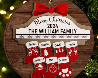 Merry Christmas Stocking Family, Christmas Gift For Family, Personalized 2-Layered Wooden Ornament, Christmas Cookies Gift, Christmas Decor