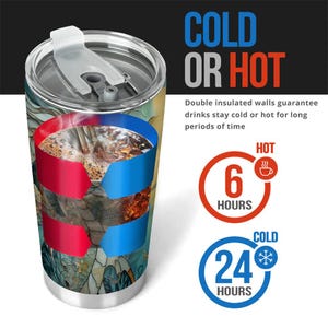 May include: A stainless steel tumbler with a colourful stained glass design. The tumbler has a lid and is double-walled to keep drinks cold for 24 hours or hot for 6 hours. "COLD OR HOT" is written in large letters at the top of the image.