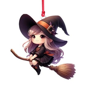 May include: A cartoon witch with long purple hair wearing a black witch hat with an orange brim and a black and white dress riding a brown broomstick.