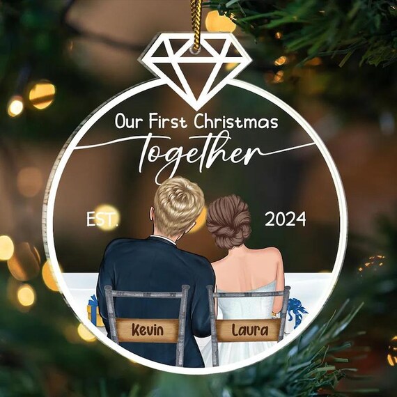 thumbnail image 2 of Personalized Acrylic Engagement Ornament: Our First Christmas, Wedding Keepsake 2 of 12