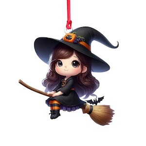 May include: A cartoon witch with long brown hair wearing a black witch hat with a pumpkin and berries on it, riding a broomstick with a black bat on the handle.