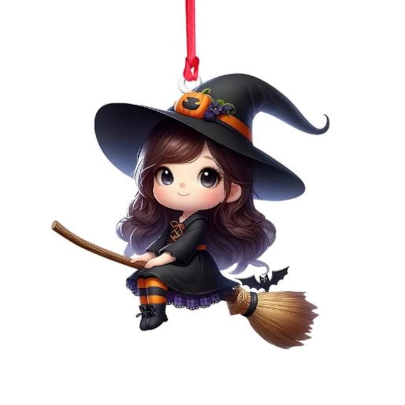 May include: A cartoon witch with long brown hair wearing a black witch hat with a pumpkin and berries on it, riding a broomstick with a black bat on the handle.