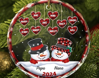 Papa Nana Snowman Christmas Grandparents, Custom Circle Glass Ornament, Snowman Mom Ornament Christmas, Keepsake Xmas, Grandkids Ornament