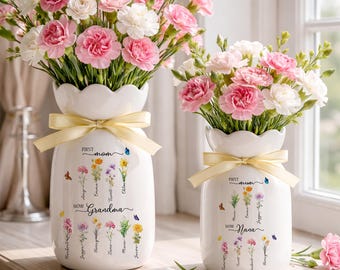 Personalized Birth Flower Vase for Mom Grandma, Custom Name Flower Jar, First Mom Now Grandma Gift, Mothers Day Gift