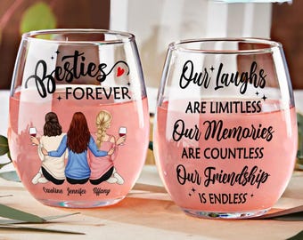 Countless Memories Our Friendship Is Endless Besties, Personalized Stemless Wine Glass, Gift for Bestie Friends Wine Lover, Custom Gift 2025