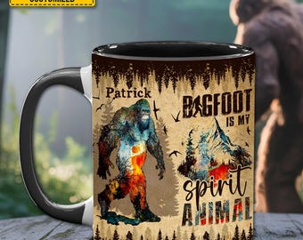 Bigfoot Is My Spirit Animal – Personalized Sasquatch Accent Mug, Funny Bigfoot Mug, Funny Sasquatch Gift, Camping Lover Gift