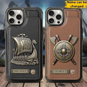 May include: Two phone cases with a Viking theme. One is black with a bronze ship design and the name "MICHAEL". The other is brown with a bronze shield and axe design and the name "CHARLES".