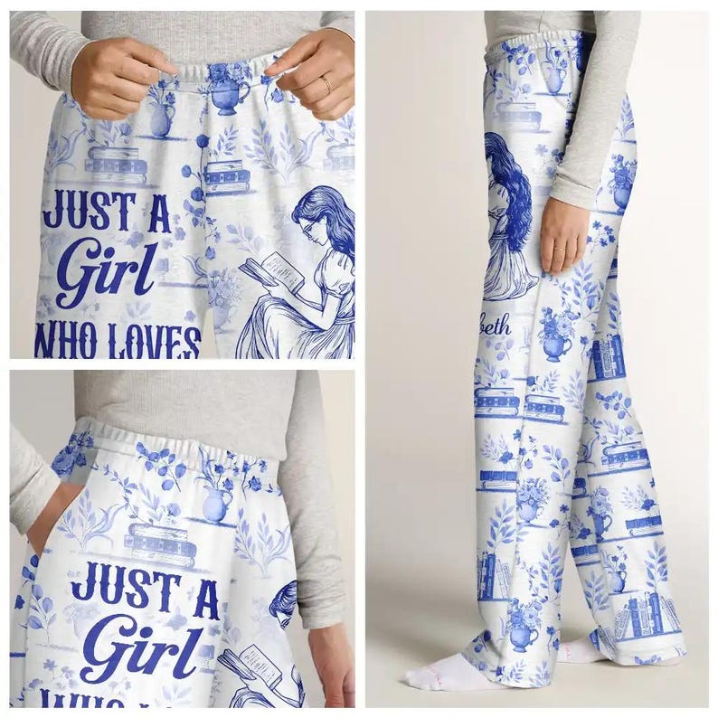 Chinoiserie Toile Bara en tjej som älskar böcker - Personliga pyjamasbyxor, pyjamasbyxor med böcker, present till bokälskare, present till vänner bild 2