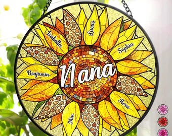 Nana Auntie Mom Family Sunflower Personalized Stained Glass Window Hanging Suncatcher, Mother's Day Gift, Sunflower Suncatcher